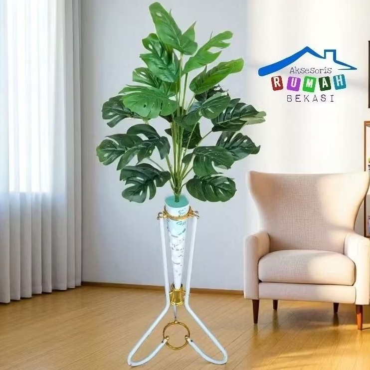 Pohon monstera artificial 18 daun / Daun monstera dengan pot standing besi