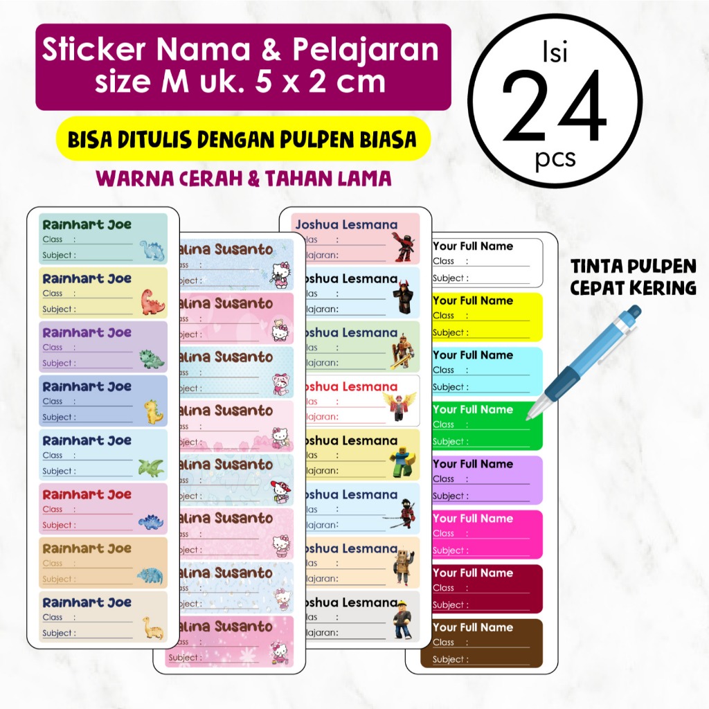 Jual Stiker Label Nama Anak Custom Ukuran M isi 24 pcs Sticker HVS Bisa ...