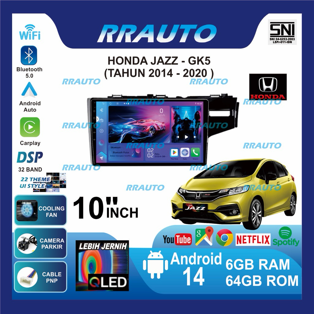 Headunit Jazz 2014-2020 GK5 | 6+64gb RAM ROM,QLED,Android 14,Apple Carplay,AndroidAuto Wireless,Wifi,bluetooth,DSP,Tmbol stir,Headunit Tape mobil terbaik 2025 (Bonus Kamera Parkir AHD & Socket PNP)