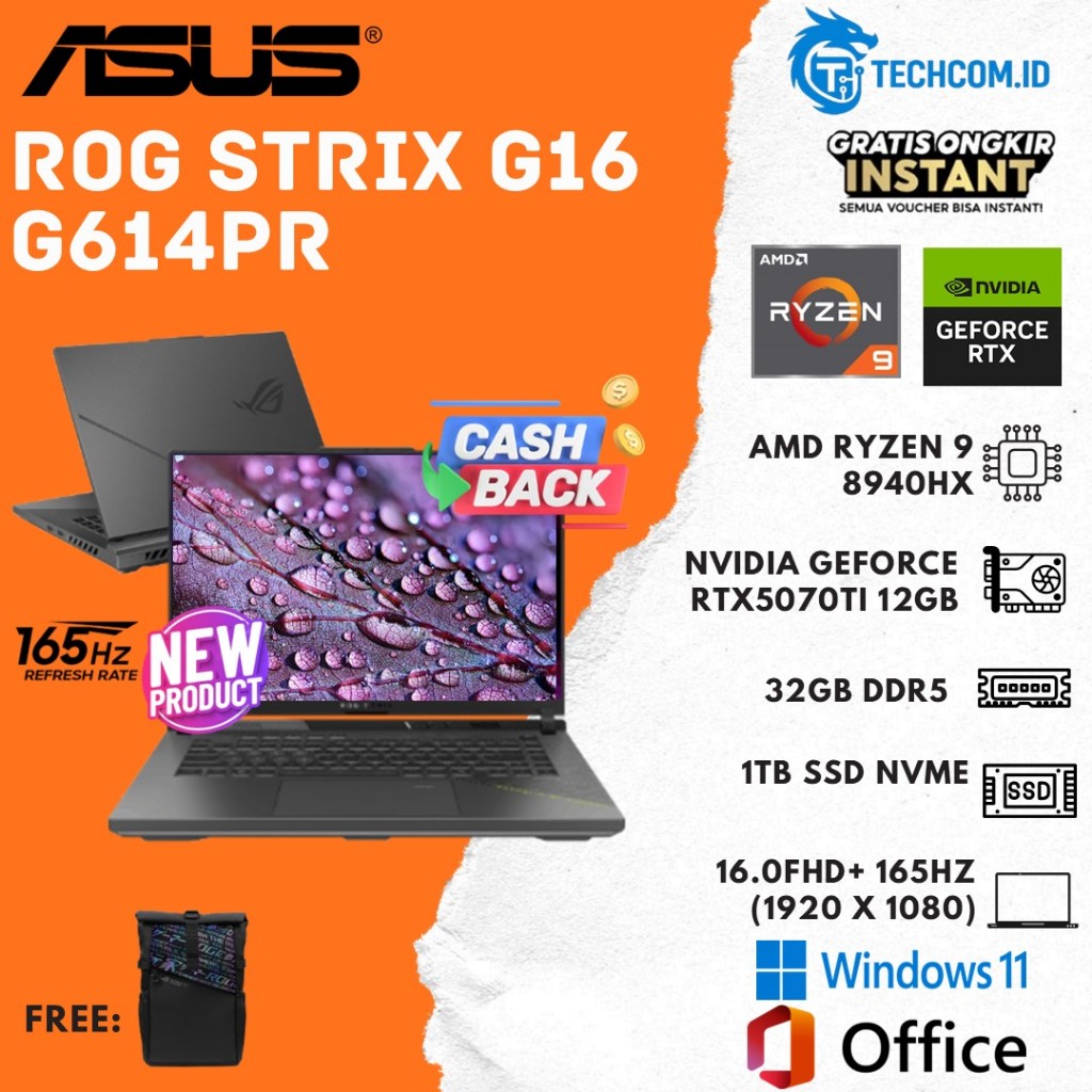 Jual ASUS ROG STRIX G16 G614PR RYZEN 9 8940HX RTX5070TI 12GB/ 32GB 1TB ...