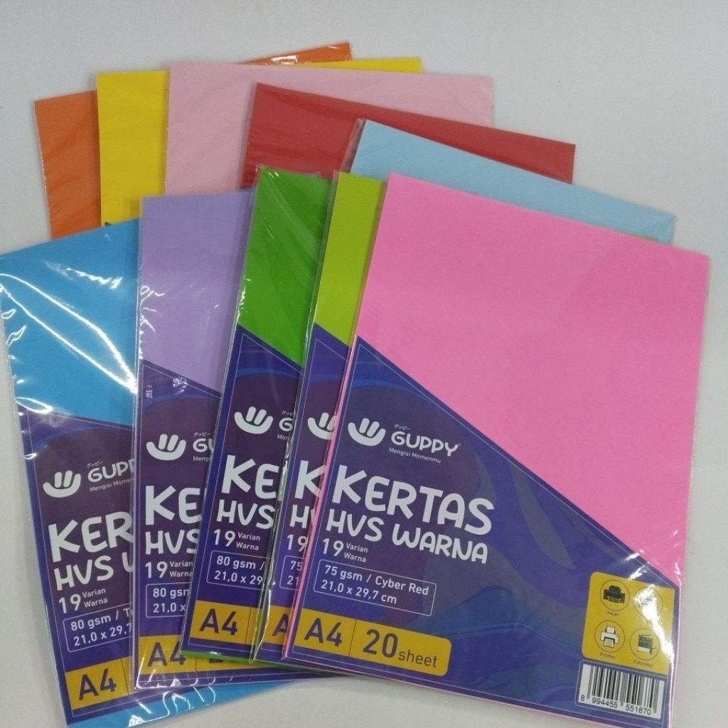 Jual KERTAS HVS BERWARNA MEREK GUPPY KERTAS PRINT UKURAN A4 80 GSM 