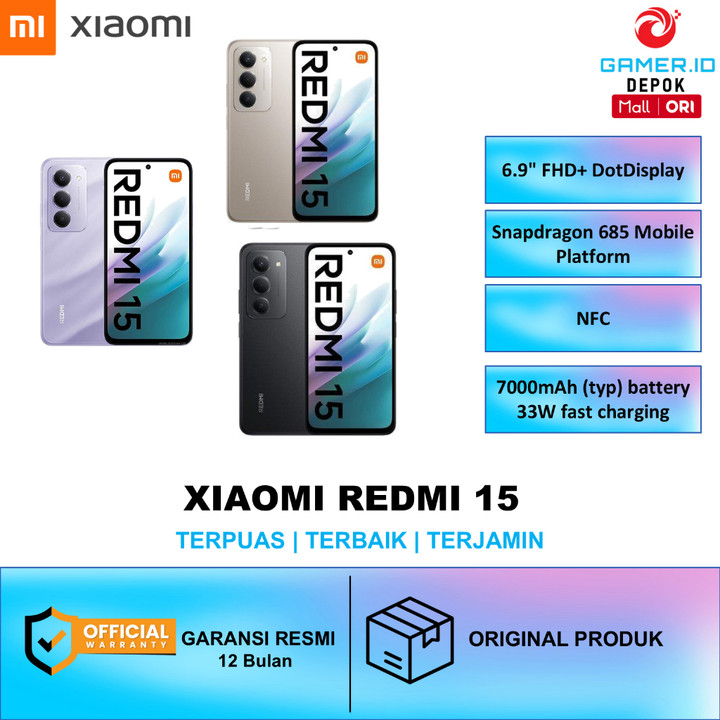 NEW XIAOMI REDMI 15 RAM 8GB 256 GB BATERAI 7000 mAh 33watt LAYAR 6,9 FHD+