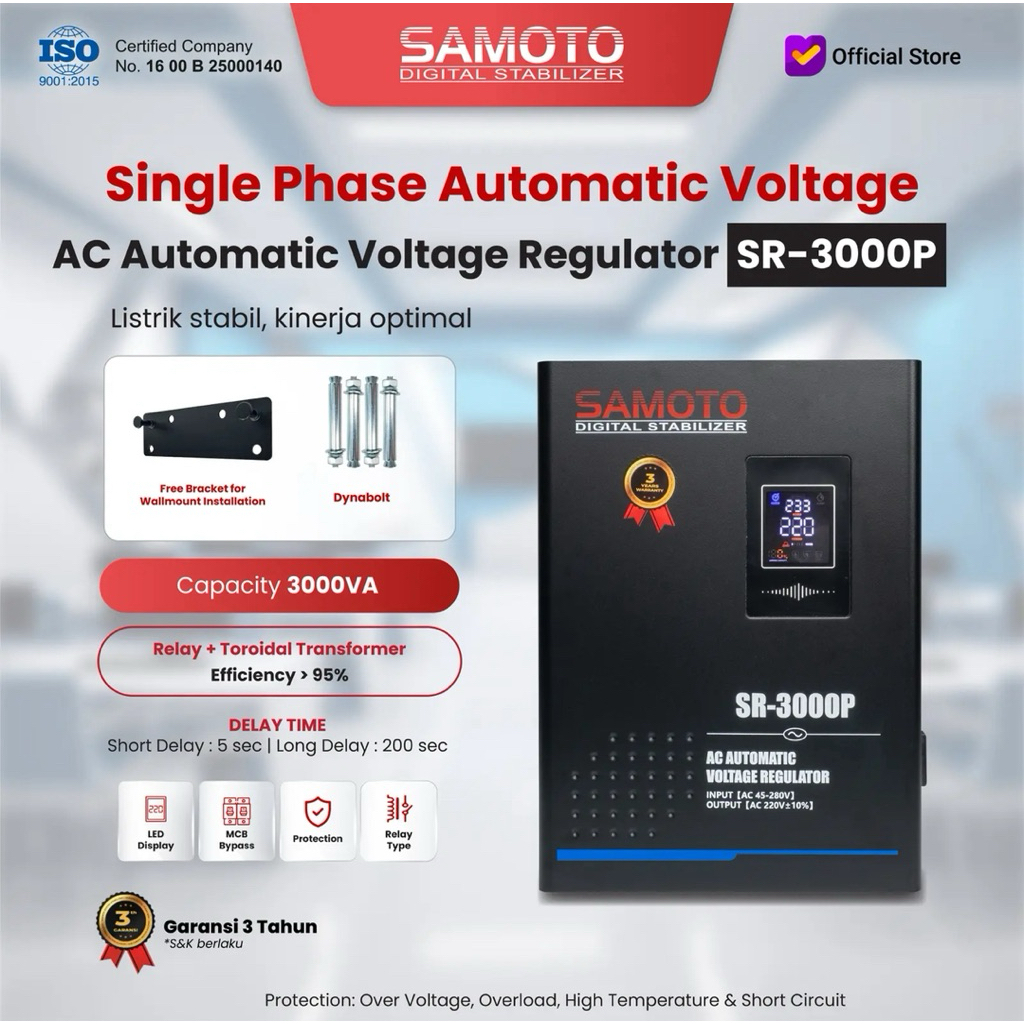 Jual SAMOTO Stabilizer (Relay) SR-3000P (Range Input 45v-280v) 3000VA ...