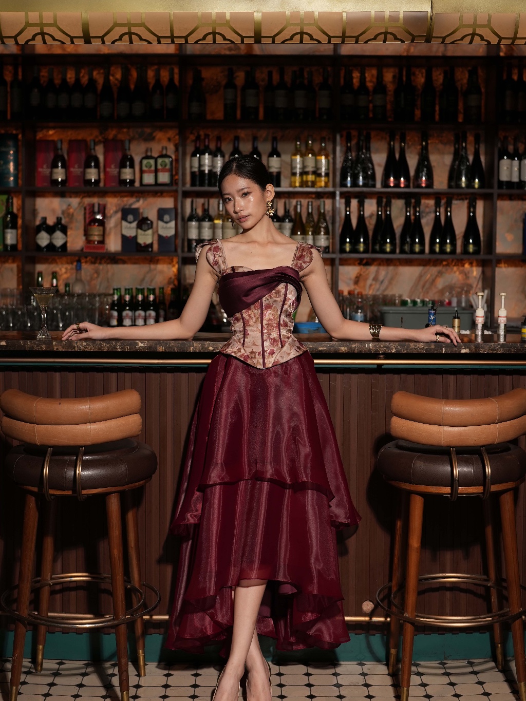 Jual COMA LABEL - Xia Dress in Maroon Red & Nude // comalabel Chinese ...