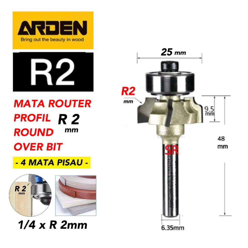 Jual Mata Router/ Profil Edging R 2mm 4 Mata Pisau/ Round Over Bit ...