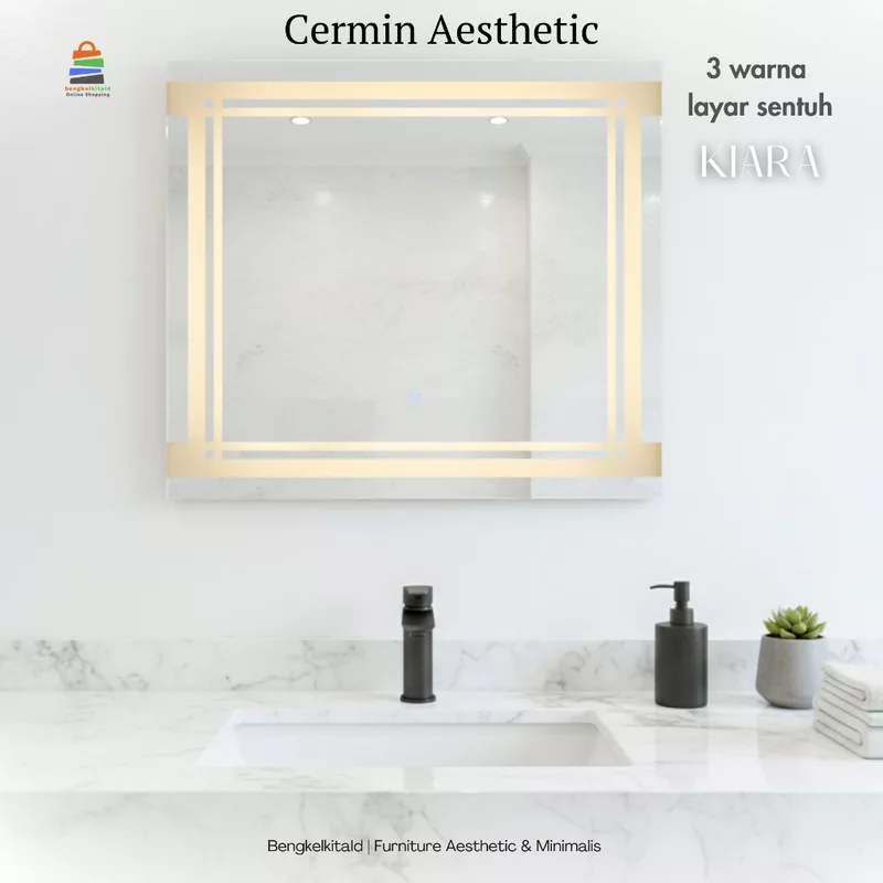 Kiara Cermin LED Sanblast Touchscreen Dinding Kaca Cermin Lampu Aesthetic Cermin Kamar Mandi