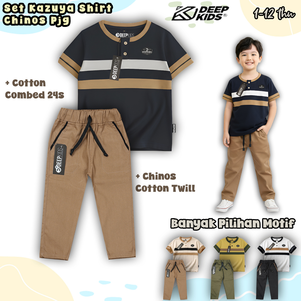Deepkids Setelan Anak Laki Kaos Kerah Kancing Celana Chinos Panjang Bahan Cotton