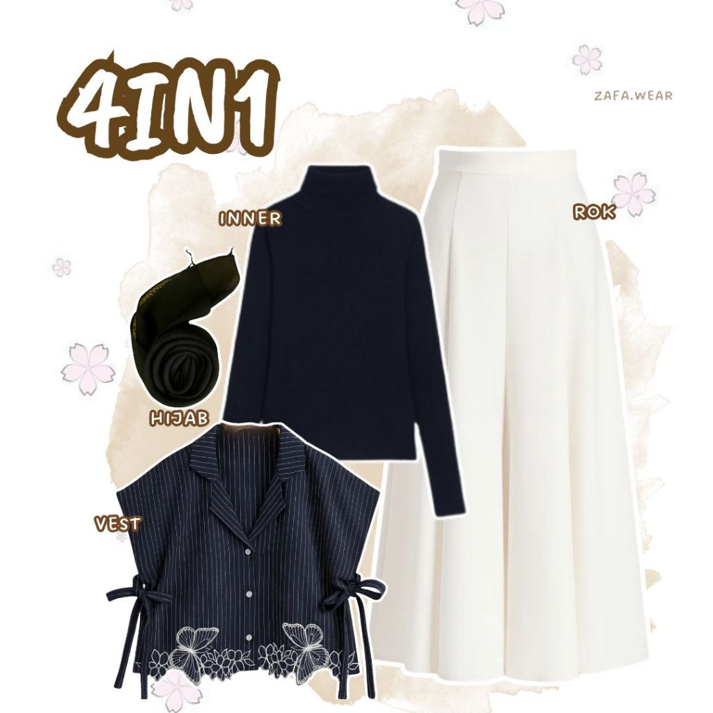 Jual 4IN1 Outfit - Vest Hitam, Rok White, Inner Hitam, Hijab Bella ...