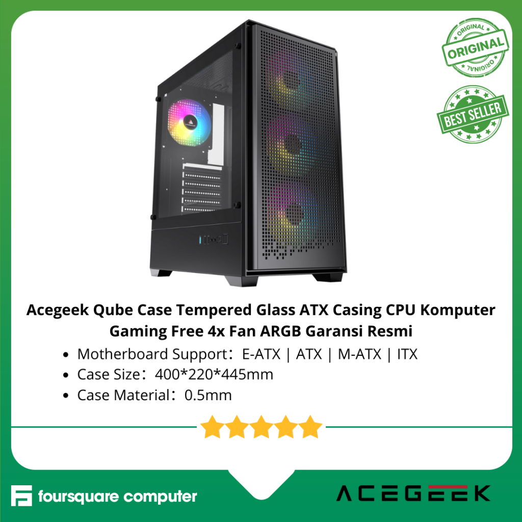 Jual Acegeek Qube Case Tempered Glass ATX Casing CPU Komputer Gaming ...