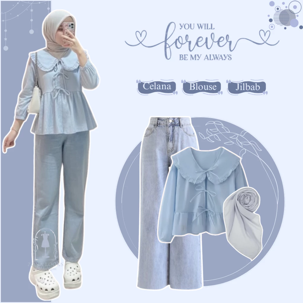 Setelan Remaja Korean Style Blouse Jeans Jilbab