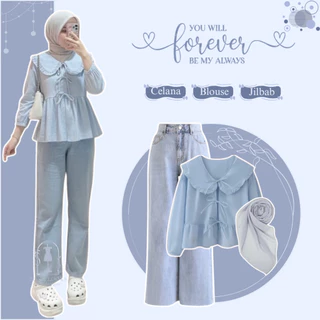 Setelan Remaja Korean Style Blouse Jeans Jilbab