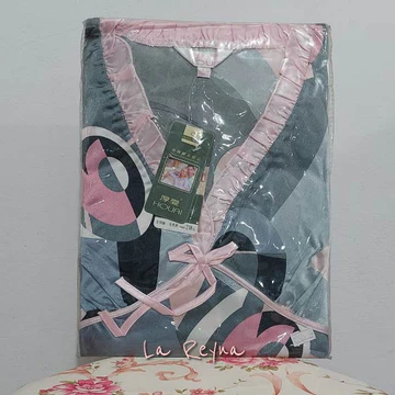 Piyama Lengan Panjang Satin Halus Model V Neck Flower PY001