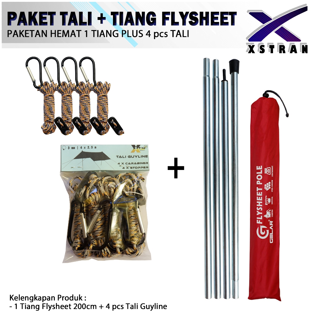 Paketan Tiang Flysheet + Tali Guyline Paket 1 Tiang Steel Chroom Dan 4 Tali Flysheet Multifungsi Camping Outdoor