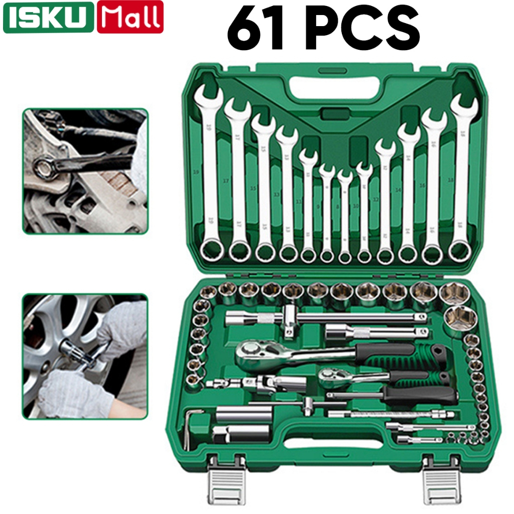 ISKU Kunci Shock Set Alat Kunci Pas 61 Potong Wrench Ring Wrench Set Auto Tool Set Tool Box Kunci Torsi Tool Set Motor Wrench Set/Tool Set Box  /Kunci Pas Tangan Kotak Alat Kunci Pas Mata Sok  Perbaikan Otomatis Tool Kit
