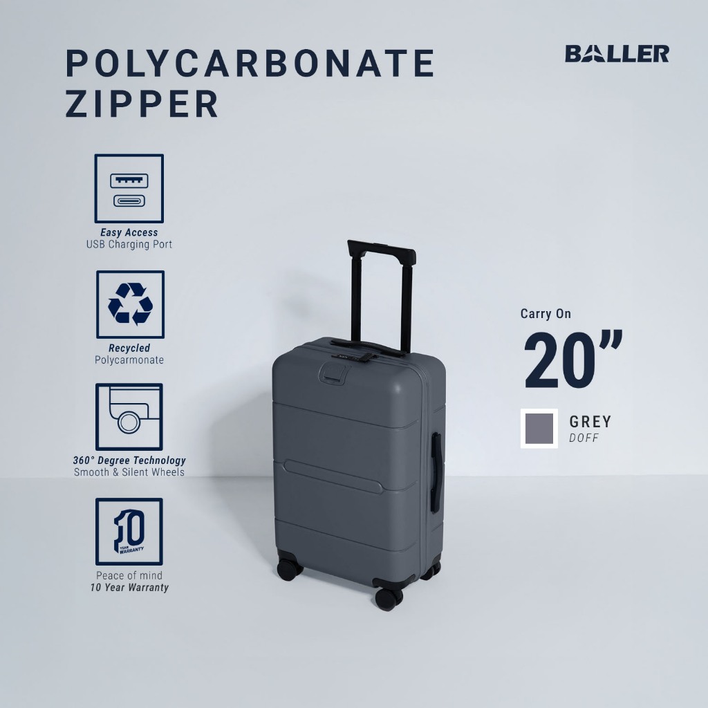 Jual BALLER Koper Zipper Polycarbonate Carry On 20 inch Matte Grey ...