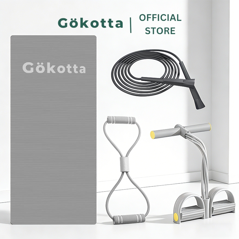 GOKOTTA Home Workout Set 4in1 – Matras Yoga, Tali Skipping, Resistance Band & Push Up BarYoga, Tali Skipping, Resistance Band &Tummy Trimmer