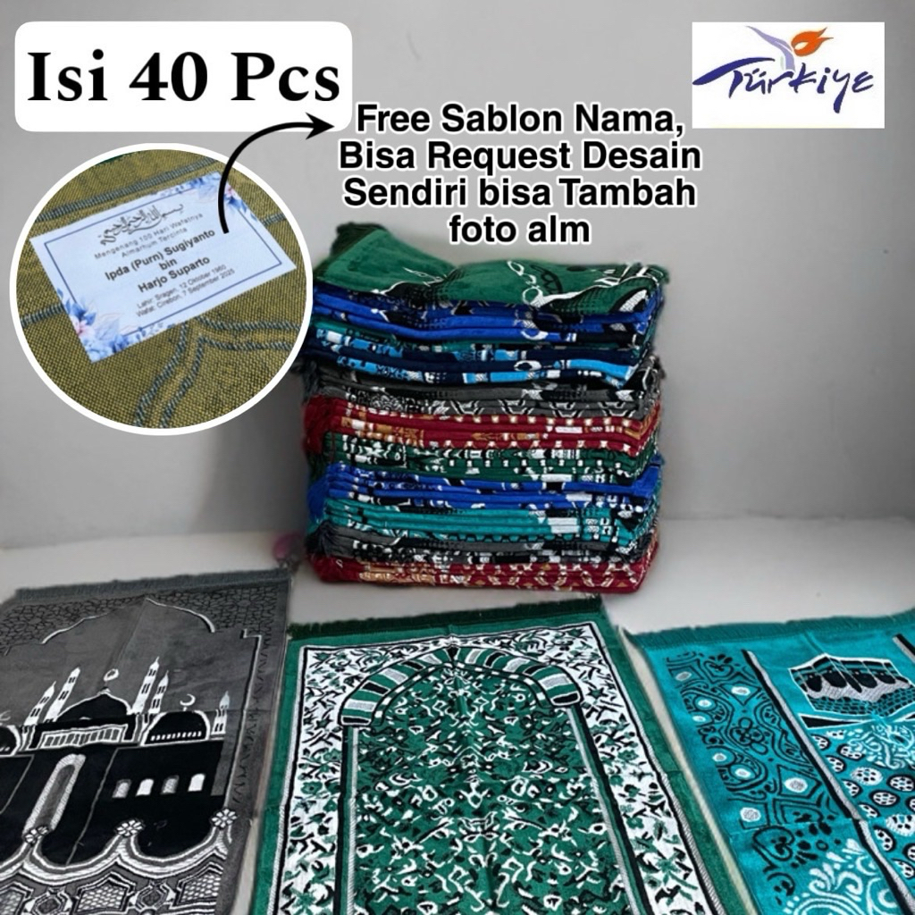 [non cod]Paket 40 pcs Sajadah Dinar Turkiye Free Sablon nama Size Medium Souvenir Hajatan Tahlil