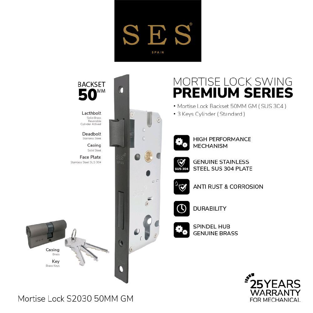 Jual Body Kunci Pintu - Mortise Lock SES S2030 - 50MM GM Sus 304 ...