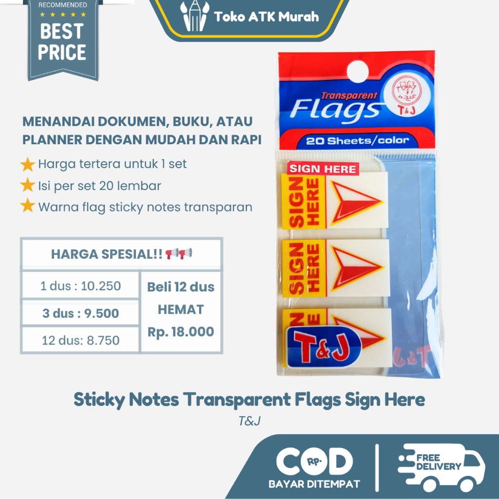 Jual T&J Sticky Notes Transparent Flags Sign Here - Penanda Halaman dan ...