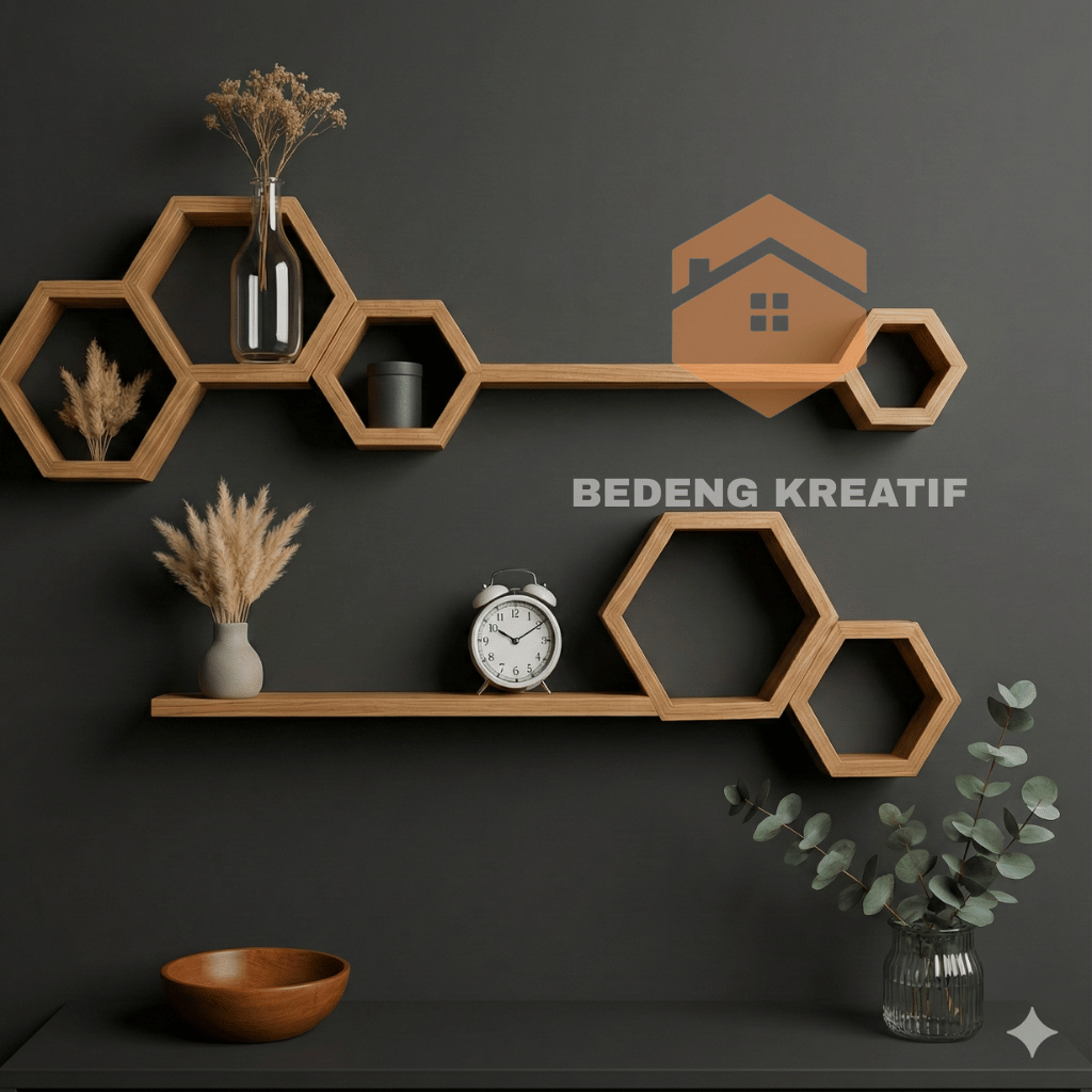 Rak Dinding Hexagonal 1 Set Ambalan Hiasan Dinding Aesthetic Estetik Kayu Jati Belanda Pajangan Dinding minimalis Kayu Dekorasi