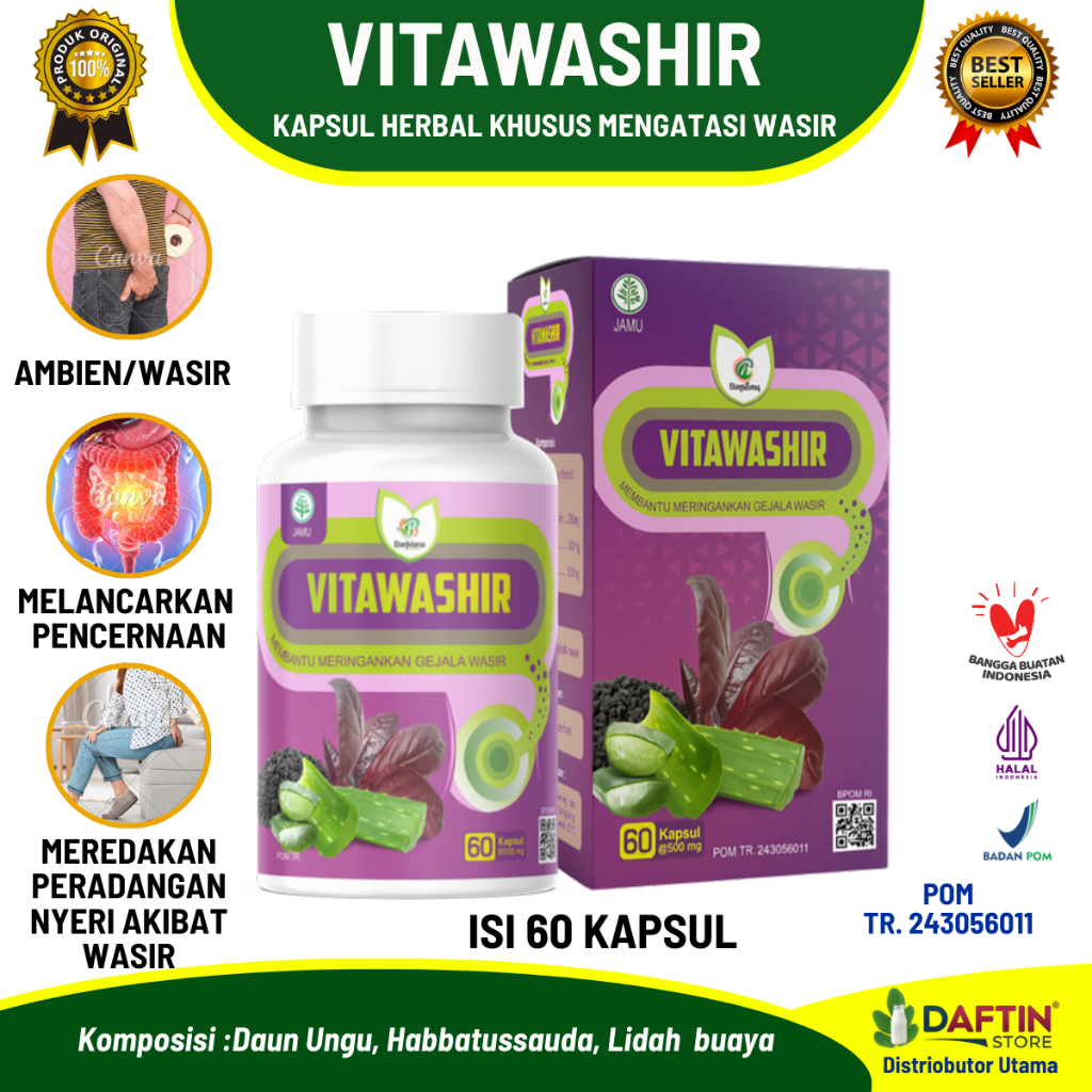 Vitawashir Kapsul Herbal - Obat Wasir Ambeien Alami Daun Ungu, Habbatussauda & Lidah Buaya