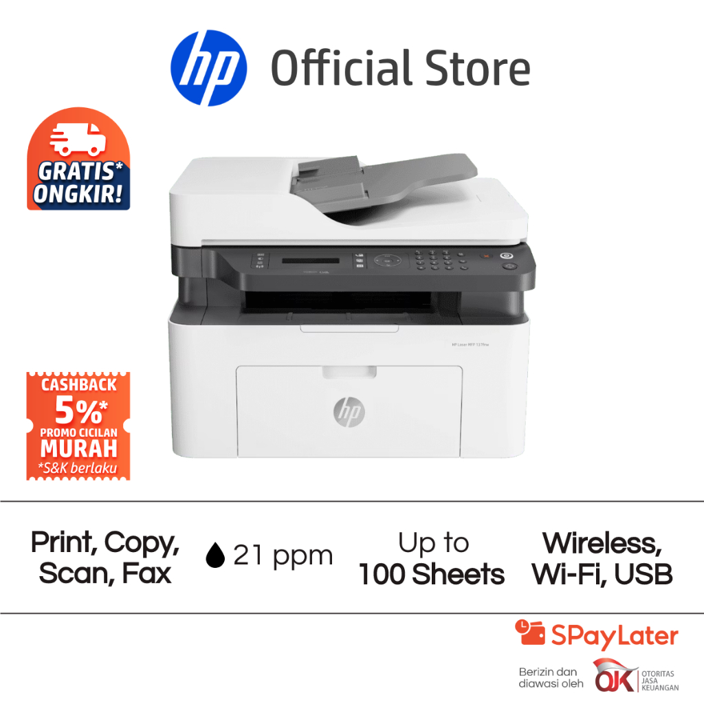 Printer HP Laser MFP 139fnw All in One Print Scan Copy Fax Wireless Wi-Fi USB Black Hitam Garansi 1 Tahun Promo Murah Gratis Ongkir Official