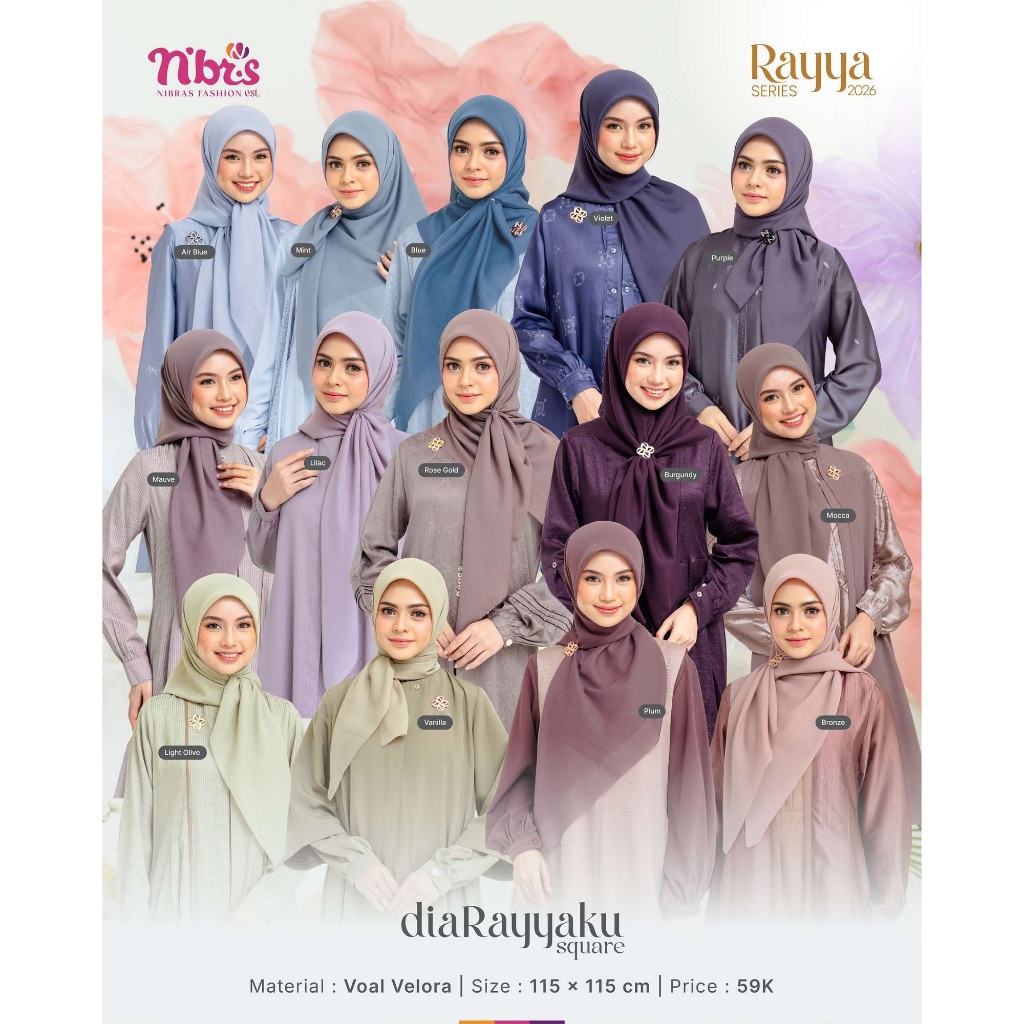 Jual HIJAB NIBRAS SARIMBIT 2026 DIARAYYAKU SQUARE SEGIEMPAT BAHAN VOAL