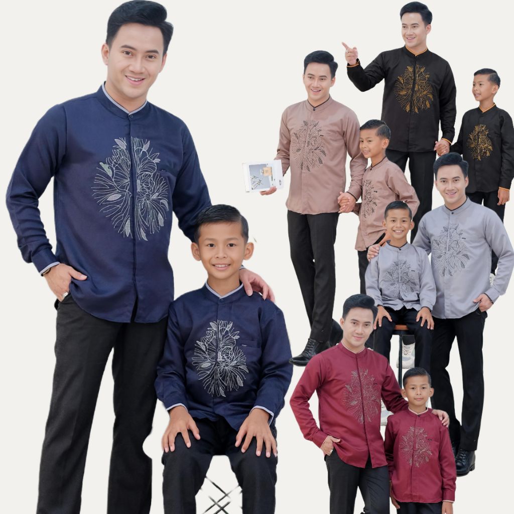 Baju koko couple KHALFYAN ayah anak (satuan terpisah)lengan panjang pendek bordir polos katun toyobo