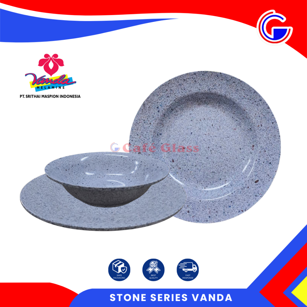 Piring Mangkok Makan Melamin - Stone Series Vanda Maspion - Set Piring Motif Batu