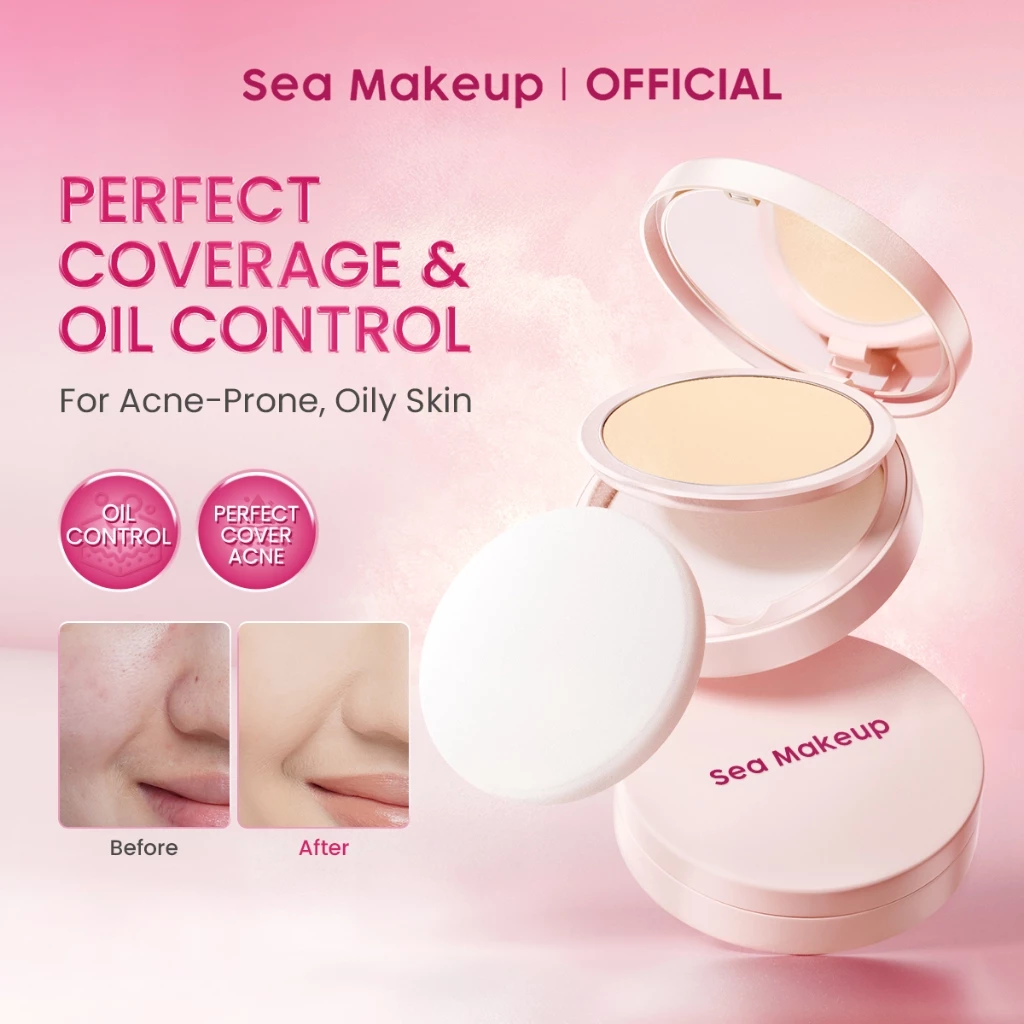 Pratinjau Sea Makeup Acne Cover & Smooth Two Way Cake Compact Powder Shade Custard