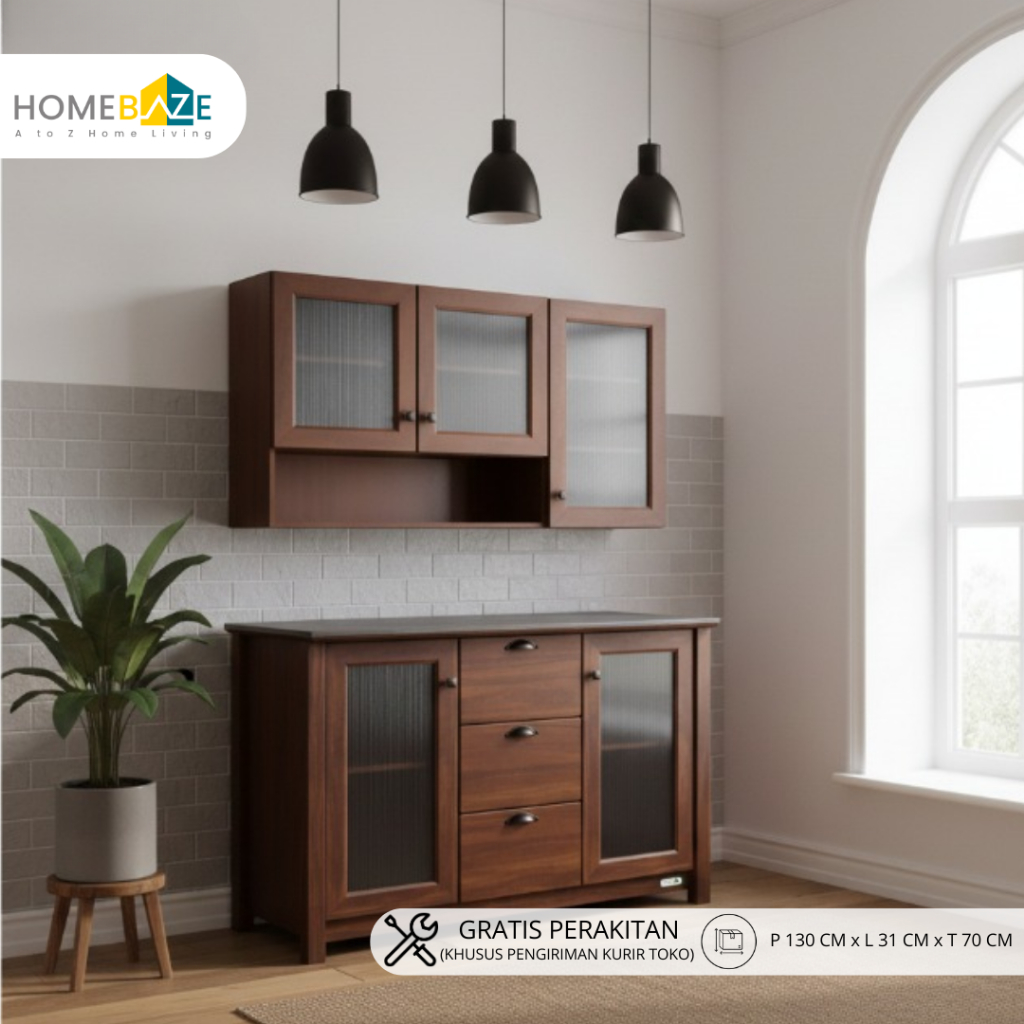 Homebaze - Kitchen Set Atas Bawah Brown Teak, Minimalis, Murah dan Kokoh