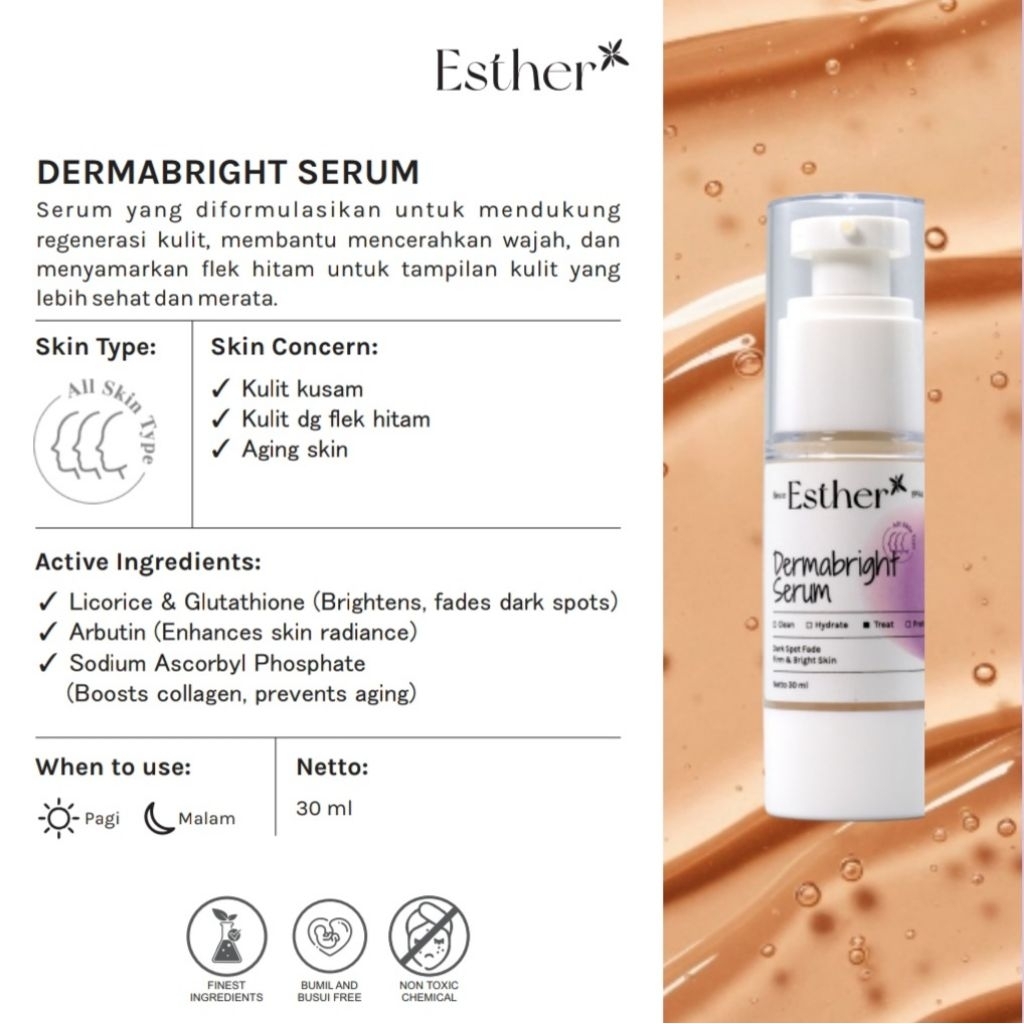 Jual Esther Dermabright Serum 30ml - Serum Niacinamide Albatin Brightening  Whitening Glowing Skin Skincare Serum Pemutih Wajah Mencerahkan Vit Vitamin  C Serum Pencerah Kulit Cerah Serum Flek Hitam Derma | Shopee Indonesia