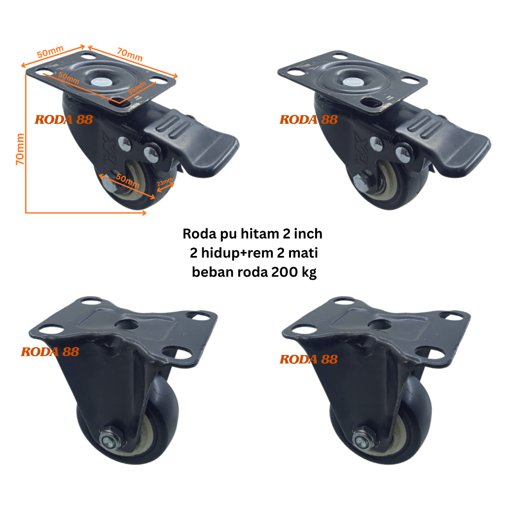 Jual Roda pu hitam 2 inch (2 Hidup+rem & 2 Mati) Beban roda 200 kg ...