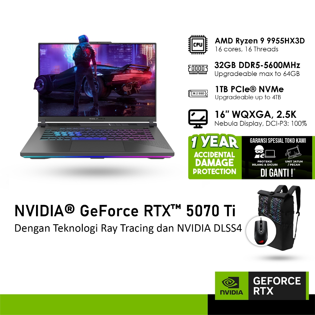 ASUS ROG STRIX G16 G614FR GeForce RTX™ 5070 Ti 12GB - RYZEN 9 9955HX3D 32GB 1TB WINDOWS 11 16.0 INCH