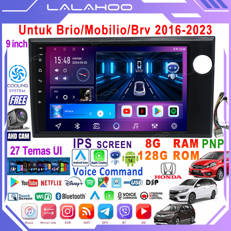 LALAHOO Untuk Brio/Mobilio/Brv 2016-2023 8G+128G Android 14 Head Unit Termasuk Frame/PNP Soket 9Inch