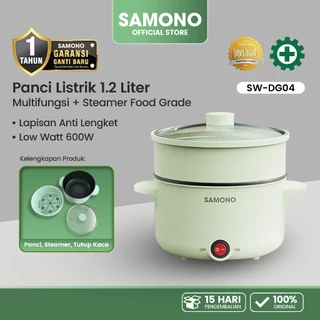 SAMONO Panci Listrik Serbaguna 1.2L Alat Masak Elektrik Multifungsi Anti Lengket Low Watt 600W Panci Kukus Rebus Goreng Tutup Kaca Transparan Praktis Hemat untuk Anak Kos Asrama Traveling Garansi Resmi 1 Tahun Ganti Baru Hijau Original SW-DG04