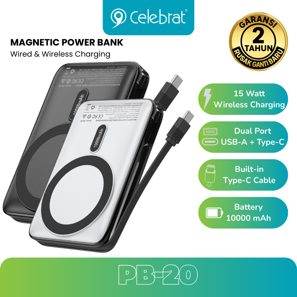 Celebrat PB-20 Power Bank Magnetic 10000 mAh Built in Cable Type-C PD22.5W Wireless Fast Charging