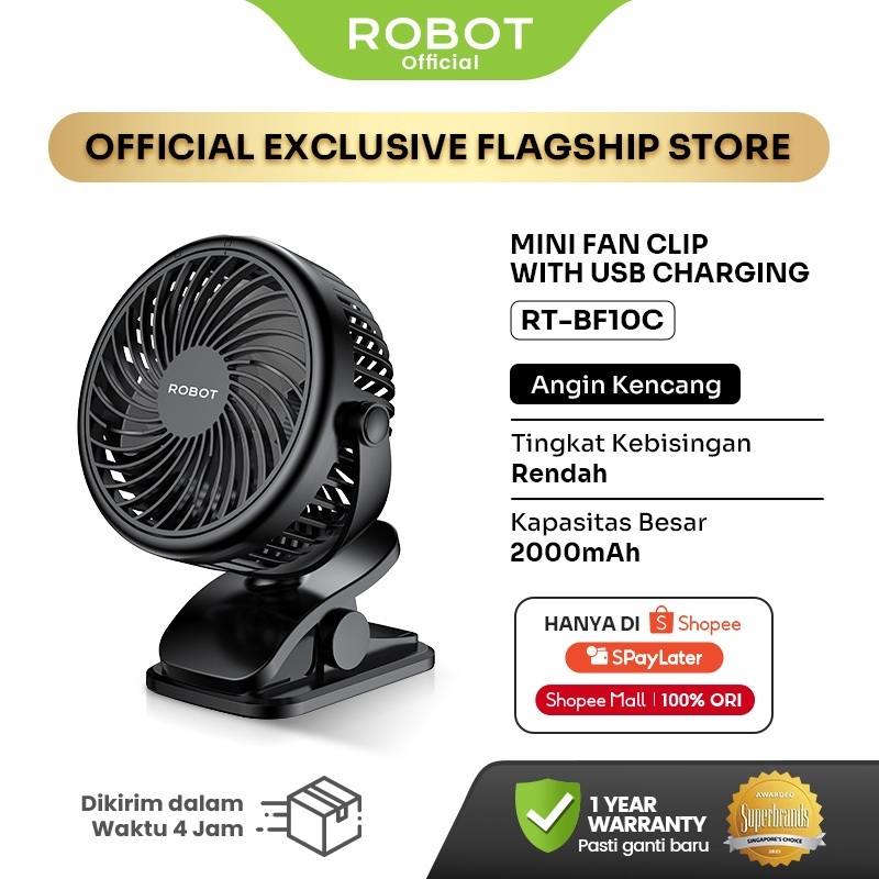 ROBOT Mini Fan Portable Clip 2000mAh Kipas Angin Mini 3 Speed Low Noise 720° Rotation RT-BF10C Original – Garansi 1 Tahun