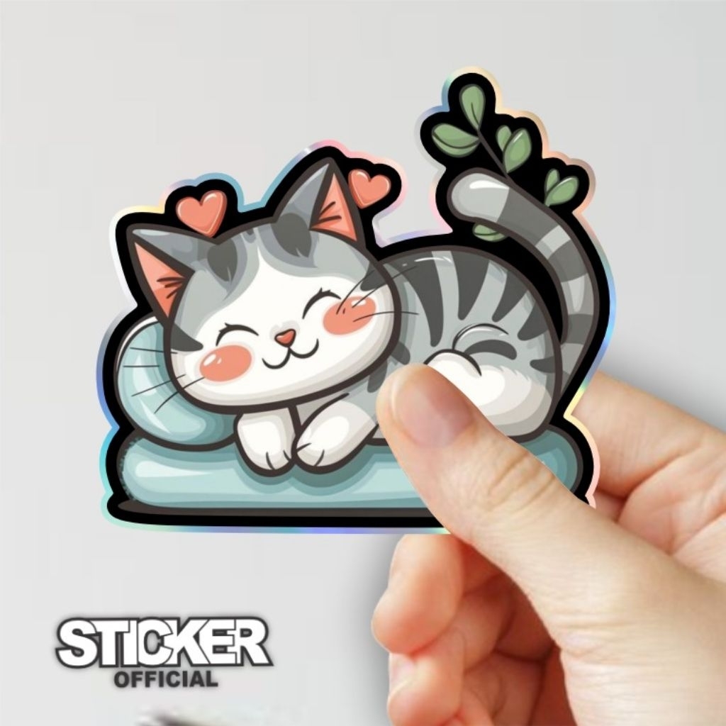 Jual kucing santai, stiker hologram combinasi full warna 2d, stiker ...