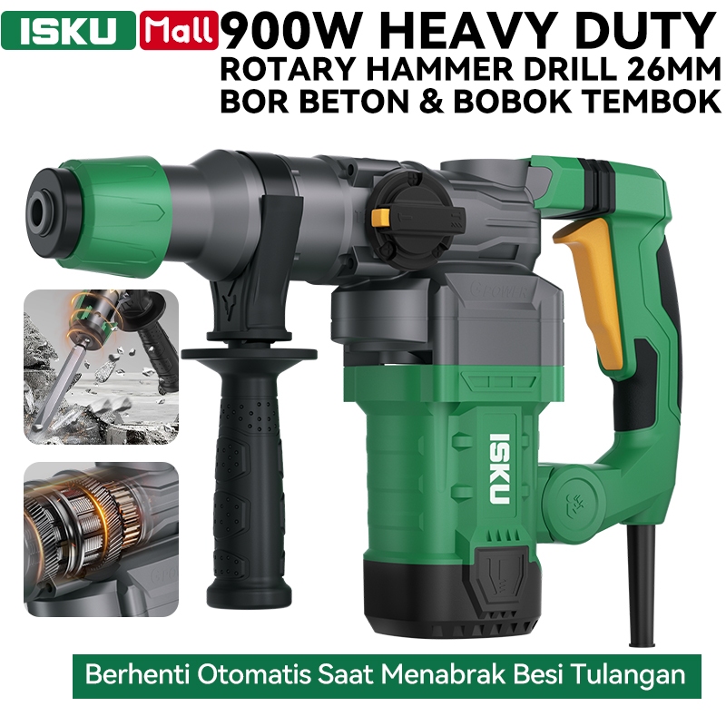 ISKU Bor Hammer Listrik-Rotary Hammer Drill Mesin Bor Beton Listrik Hammer Impact Bor Tembok Bobok Beton Palu Electric-Motor tanpa sikat + torsi tinggi