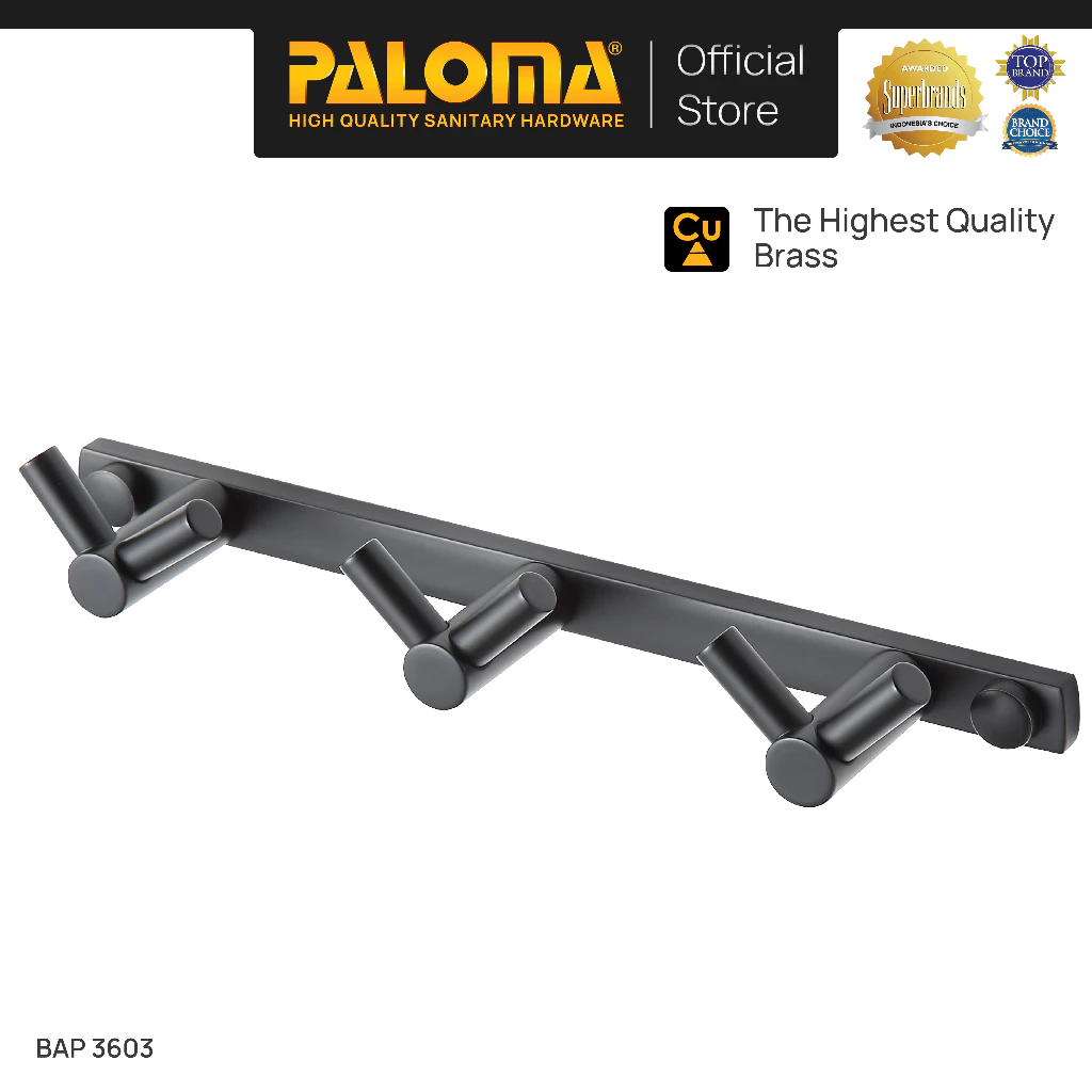 PALOMA BAP 3603 Kapstok Gantungan Handuk Baju Robe Hook Rak Hanger 6 Kait Wall Dinding Kamar Mandi Brass Kuningan Black Hitam - foto 1
