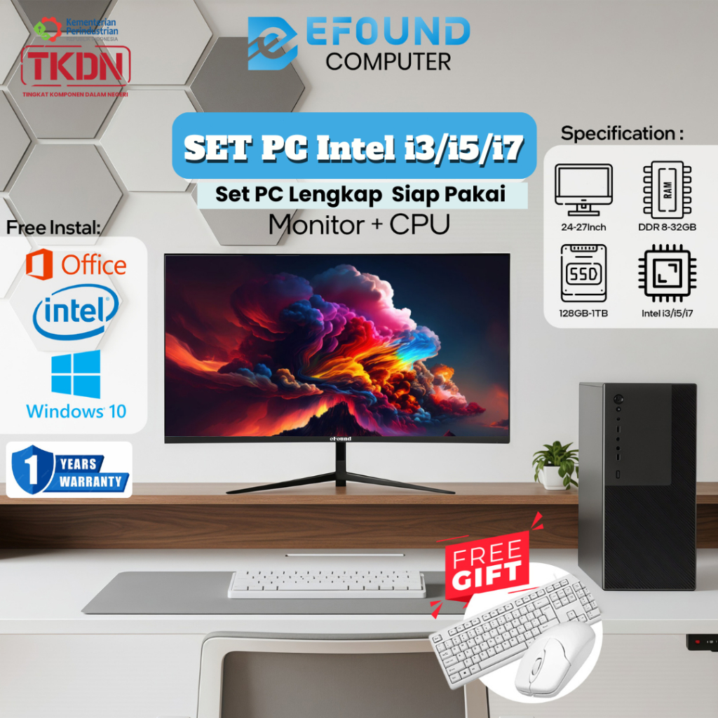 eFound Set PC Intel Core i3/i5/i7 – Paket PC lengkap, Monitor HD 27 inch WT, 32GB RAM, 1TB SSD, Free Keyboard Mouse Cocok untuk Rumah, Belajar, Kantor & Sekolah