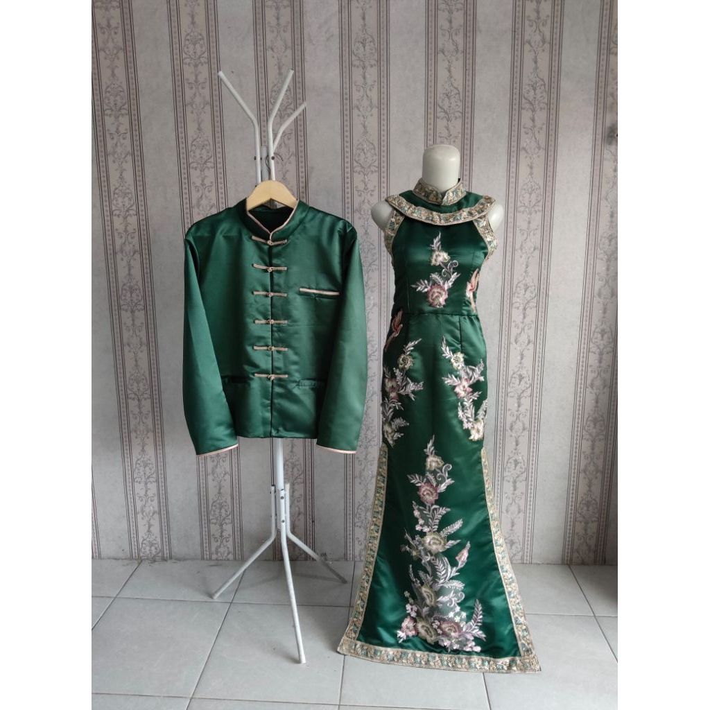 Jual [PL] DRESS CHEONGSAM EMERALD GREEN | dress gown pesta wedding sangjit  chinese hijau botol | Shopee Indonesia