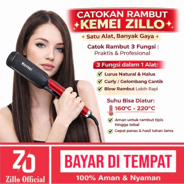 KEMEI Catok Pelurus Rambut BONUS Hairdryer Catok 2 Fungsi Lurus Dan Keriting Curly Zillo
