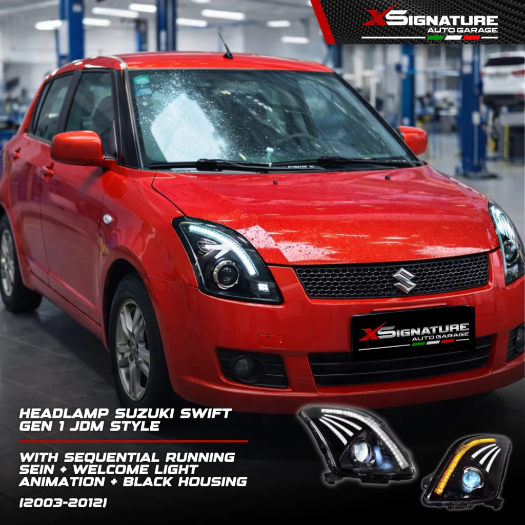HEADLAMP SUZUKI SWIFT GEN 1 (2003-2012) JDM STYLE WITH SEQUENTIAL RUNNING SEIN + WELCOME LIGHT ANIMATION + BLACK HOUSING
