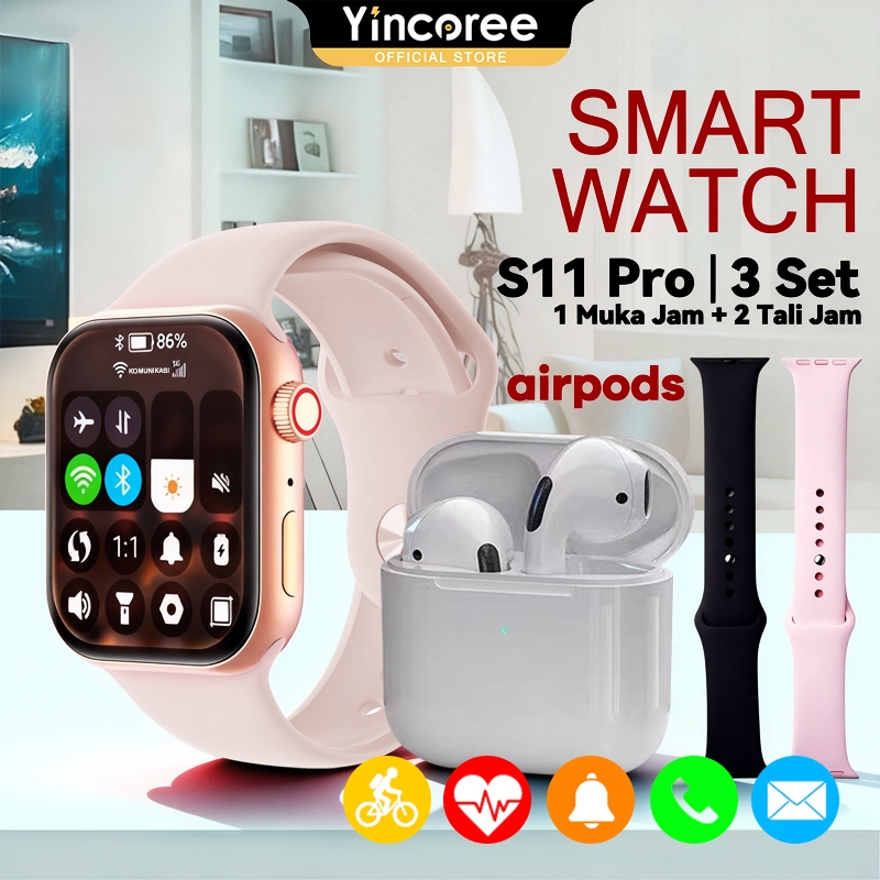 [Beli 1 Gratis 3] Smartwatch S11 Pro Free 2 Tali Plus Earphone TWS Wireless Charging Spatial Audio Support Android Ios