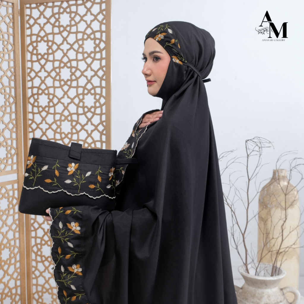 Amanah - Mukena Dewasa Khadijah Bordir Barika Katun Premium Penutup Dagu Set Tas