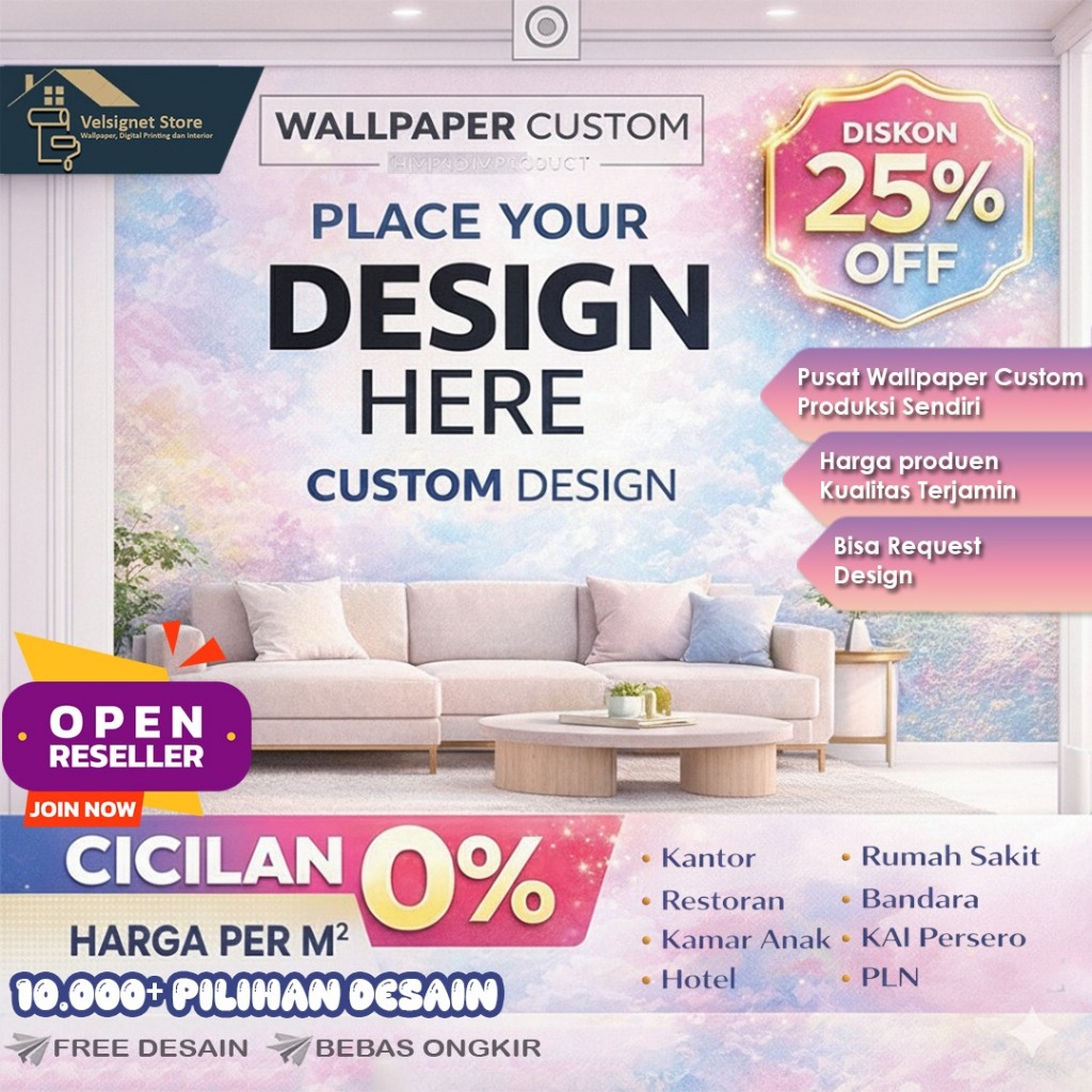Wallpaper Custom Dinding 3D Printing Ruang Tamu Request Desain Wallstiker Decal Kamar Anak Cetak Sticker