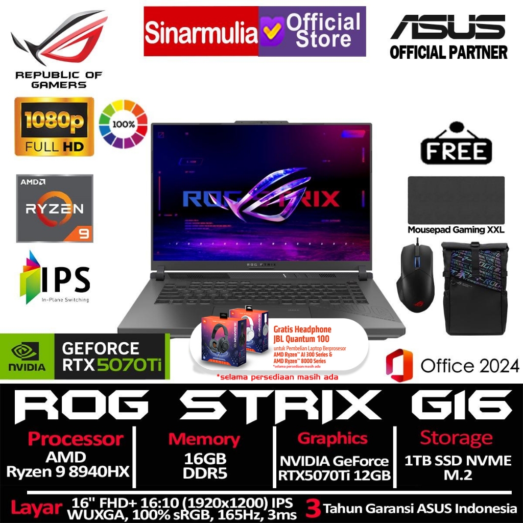 Jual ASUS ROG Strix G16 G614PR Ryzen 9 8940HX RTX5070 Ti 1TB SSD 16GB ...
