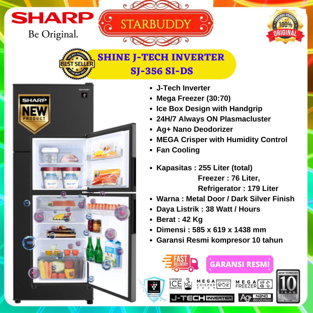 Jual KULKAS SHARP SJ-356 SI-DS 2 PINTU J-TECH INVERTER PLASMASCLUCTER ...